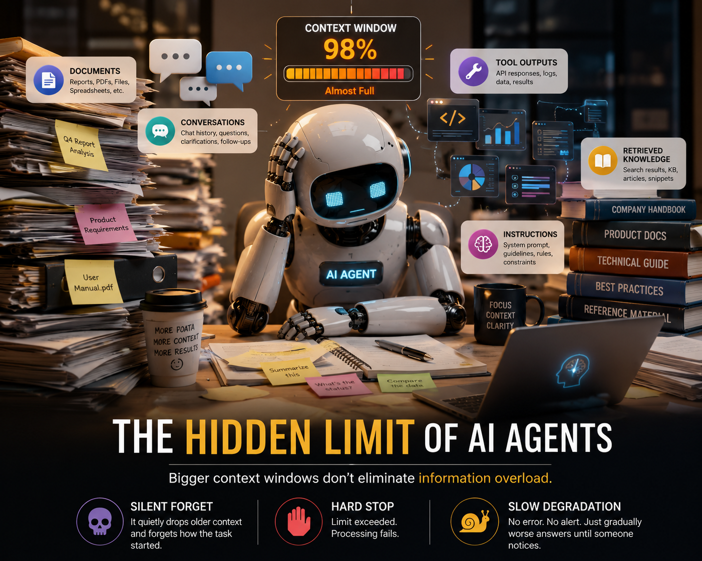 The Hidden Limit of AI Agents: Context Windows — infographic showing an AI agent at 98% context capacity with competing inputs